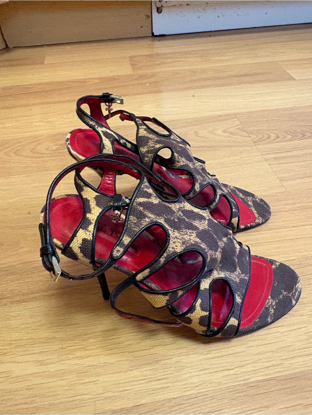 Cesare Paciotti Red and Brown Leopard Print Strappy Stiletto Sandals
